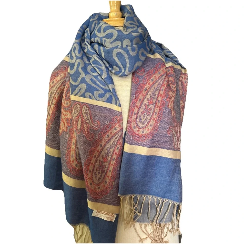 Pashmina Scarf Wrap Shawl 100% Cashmere Blue Paisley 27